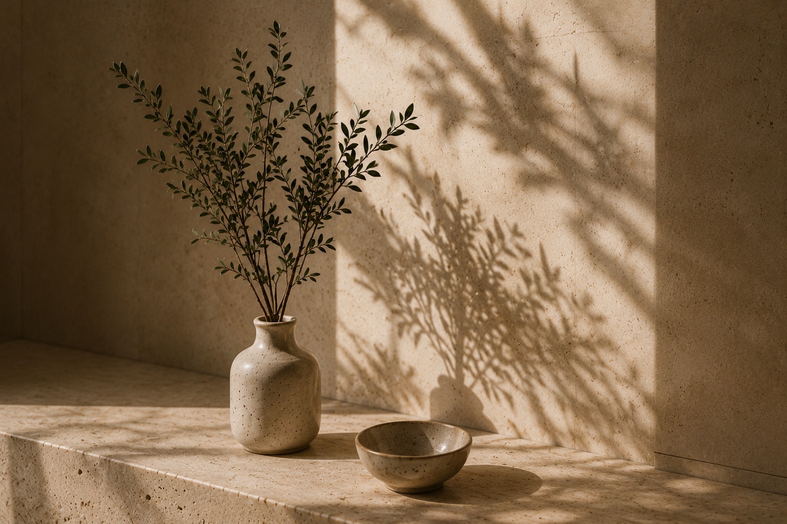 Ceramic vase and bowl — travertine and olive branch
